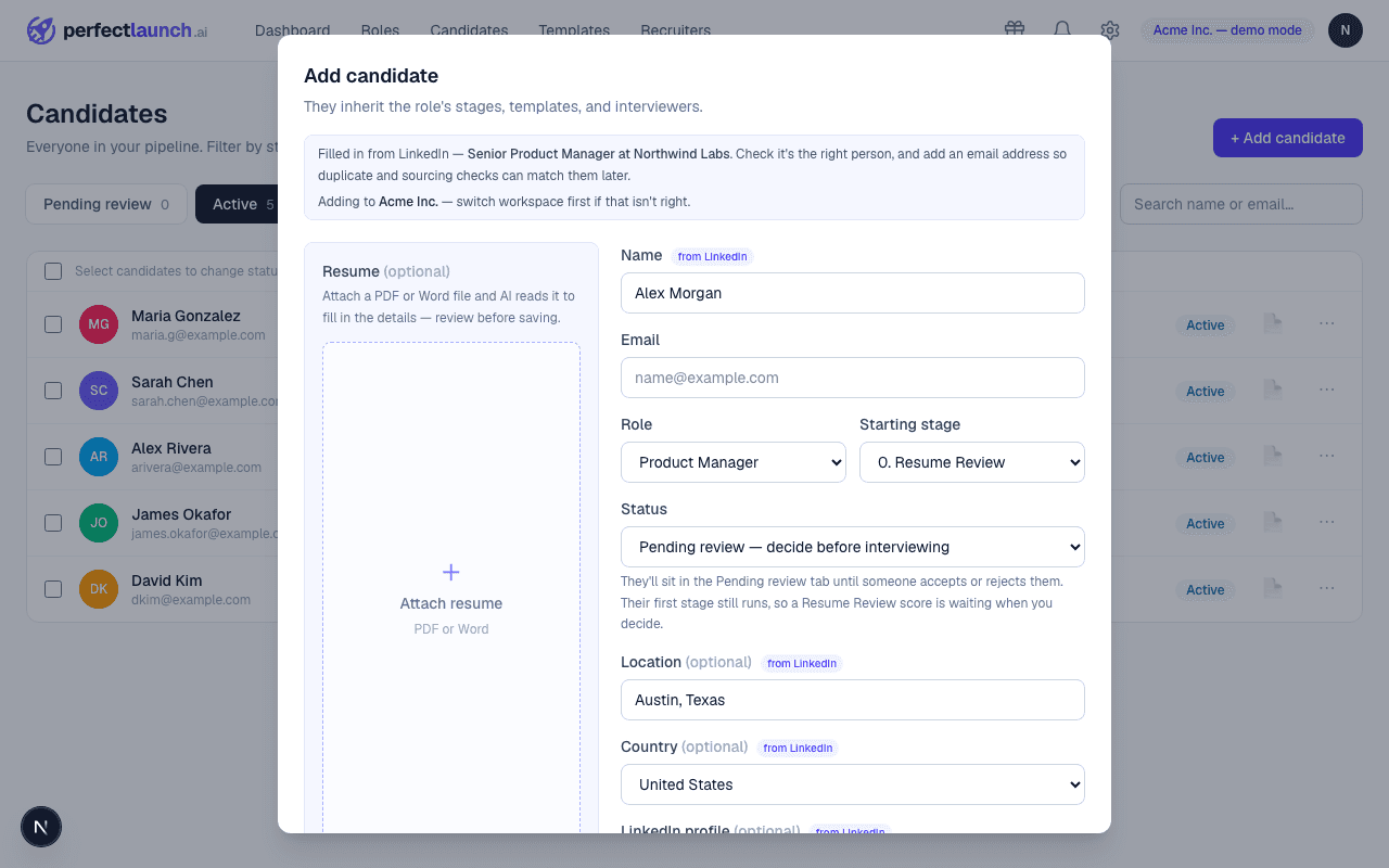 Adding a candidate in PerfectLaunch, autofilled from their LinkedIn profile
