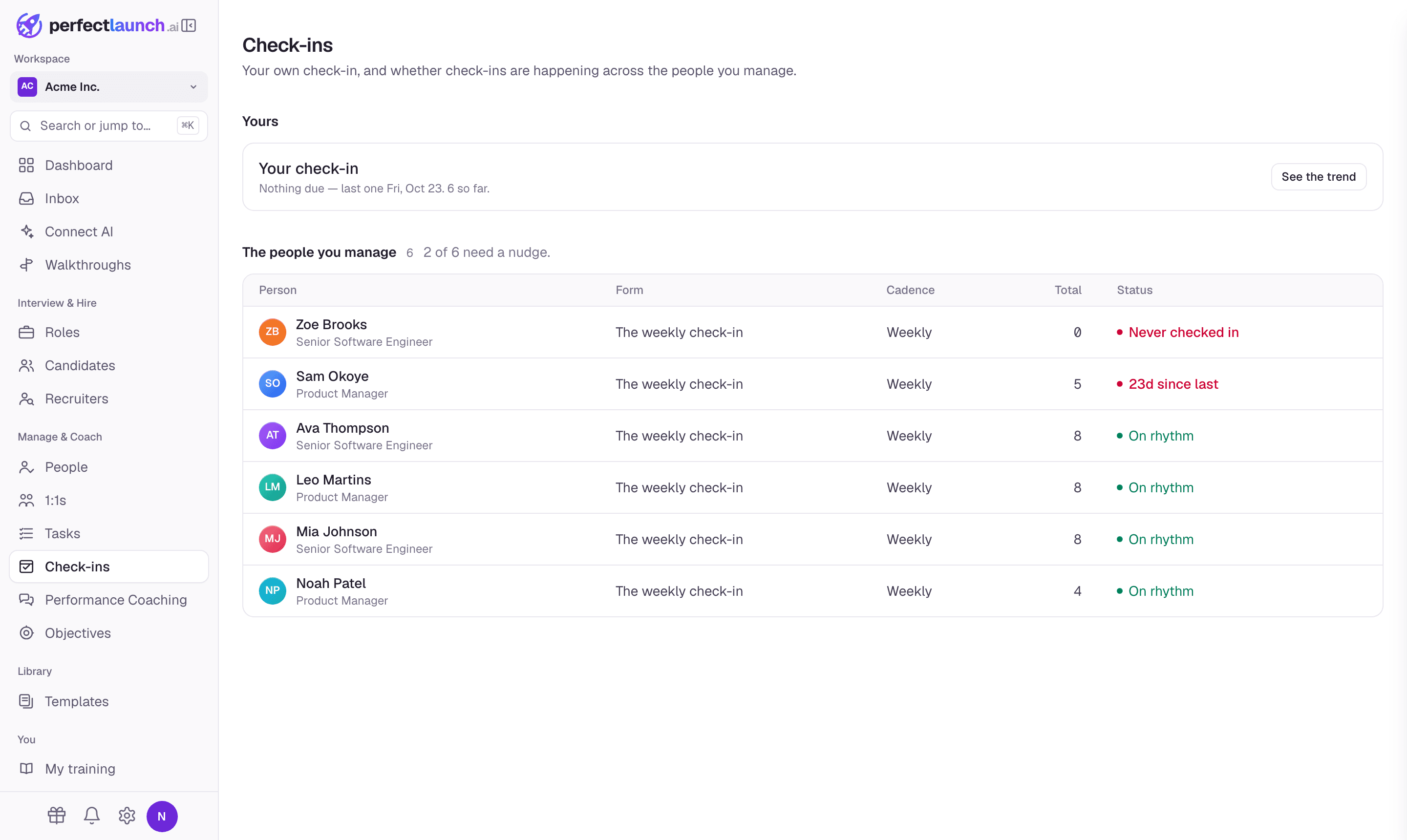 The check-ins page in PerfectLaunch, showing who is on rhythm and who has gone quiet