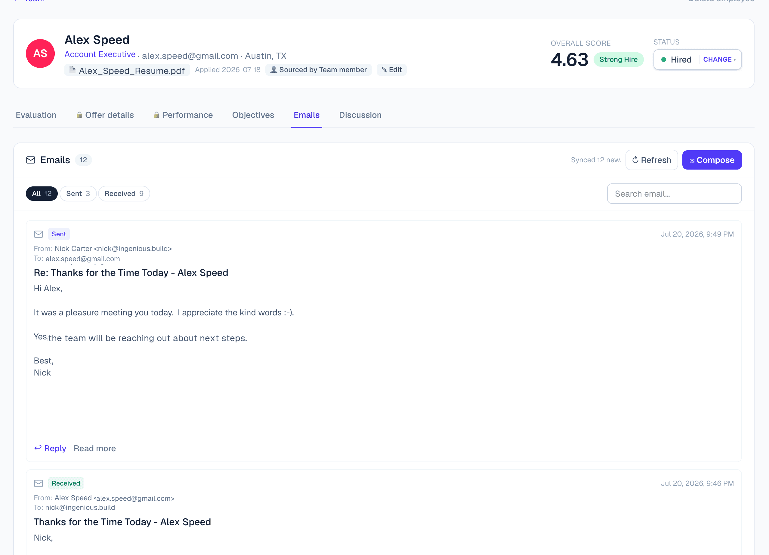 The candidate email thread view in PerfectLaunch, synced from a connected inbox