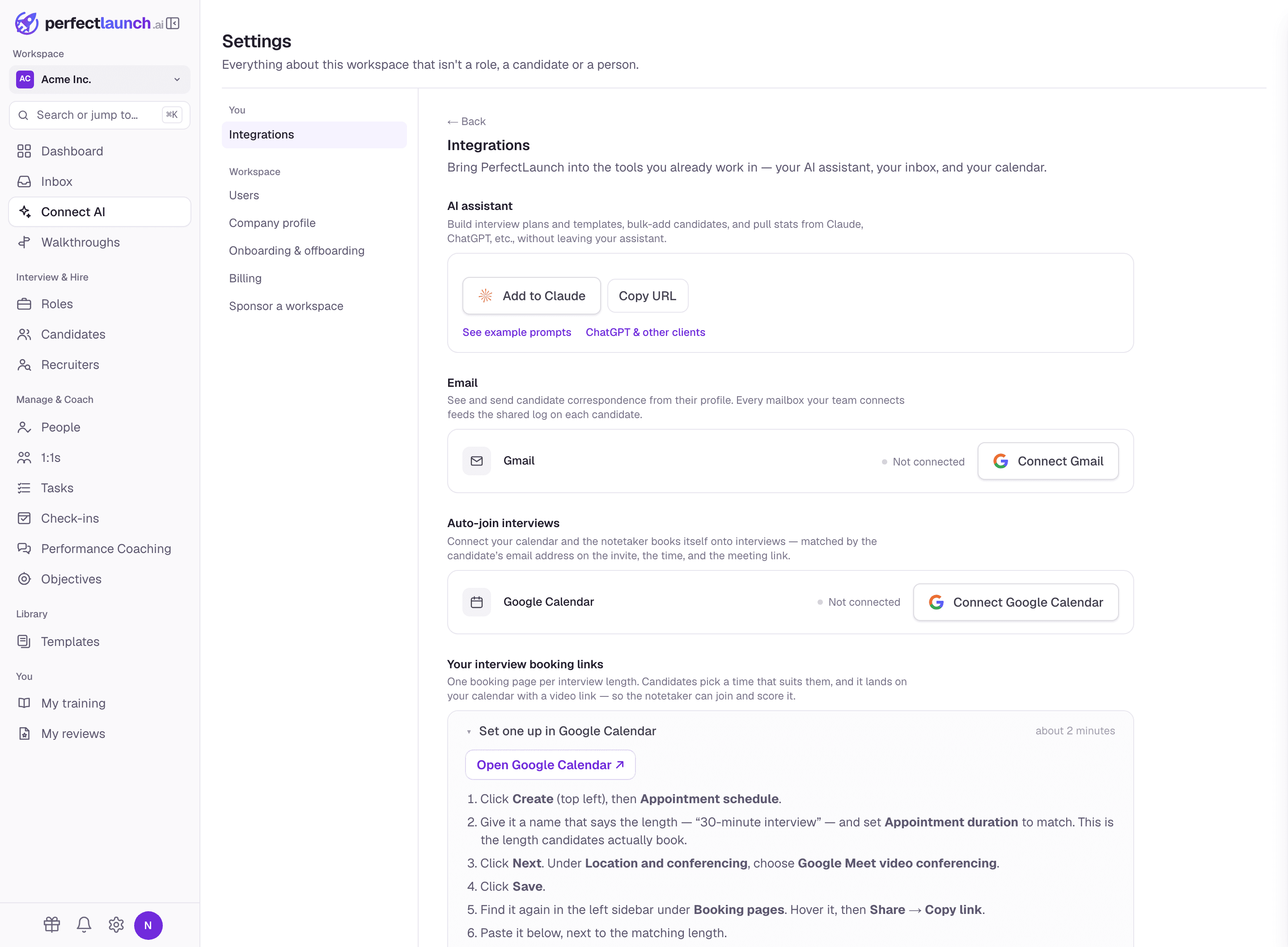 The integrations settings page in PerfectLaunch, with Gmail, Google Calendar, an AI assistant and Tremendous rewards