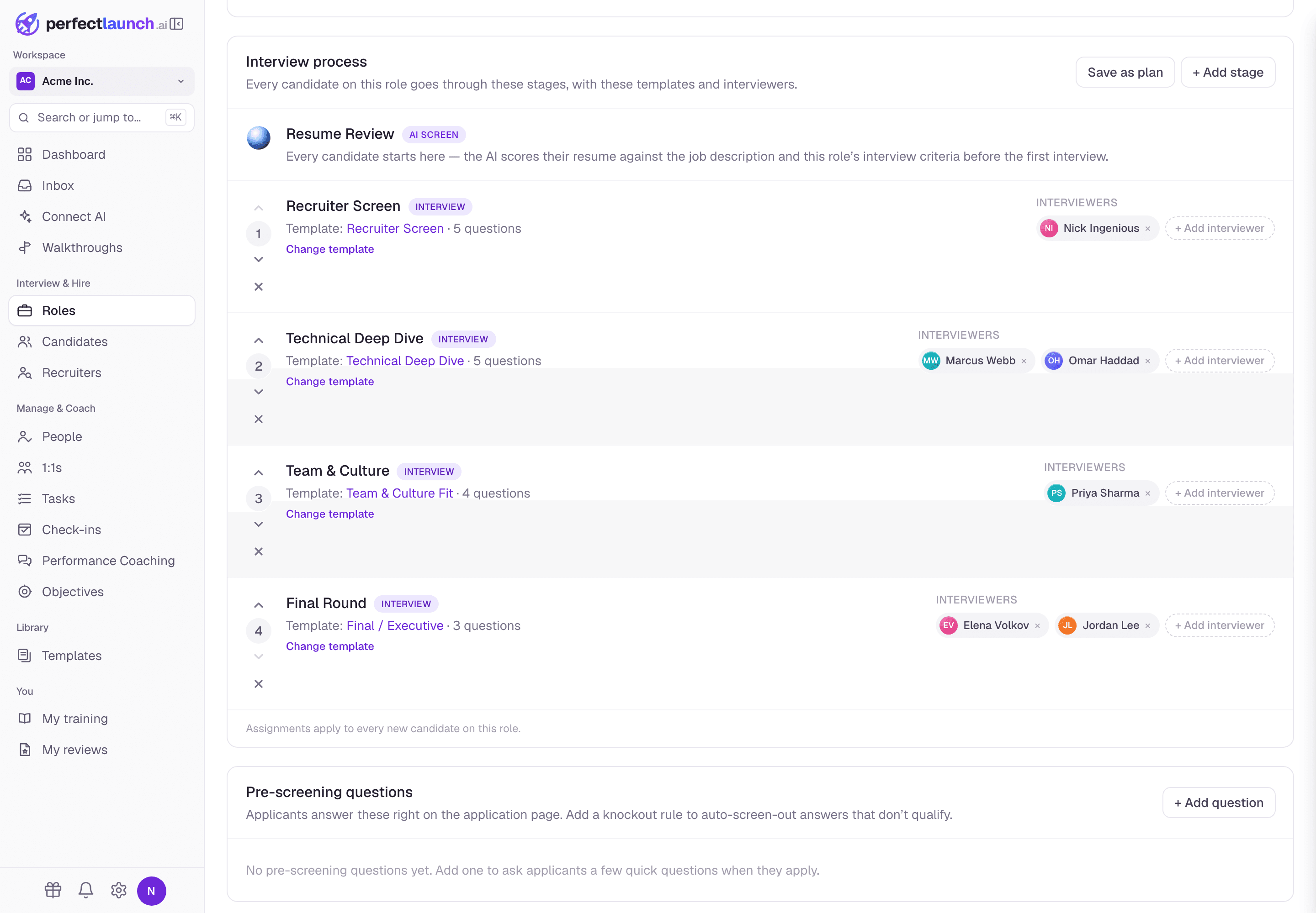 The interview-process builder in PerfectLaunch showing staged templates and assigned interviewers