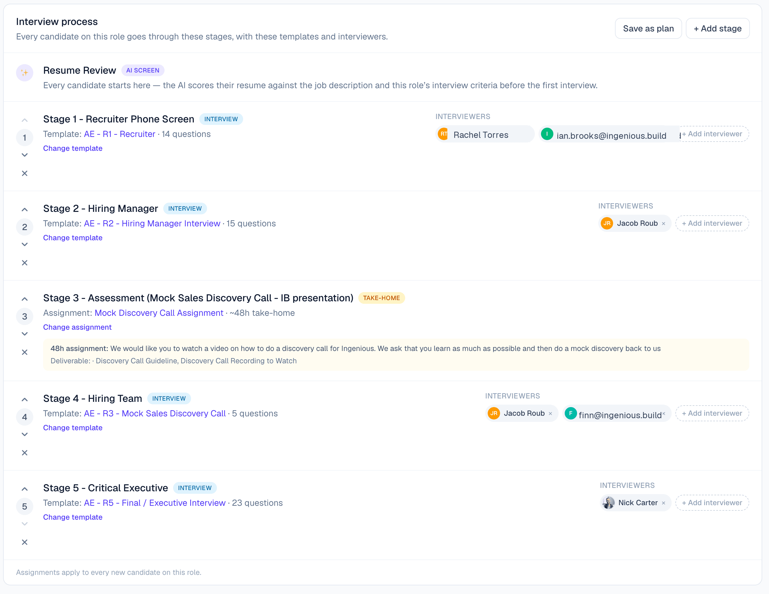 The interview-process builder in PerfectLaunch showing staged templates and assigned interviewers