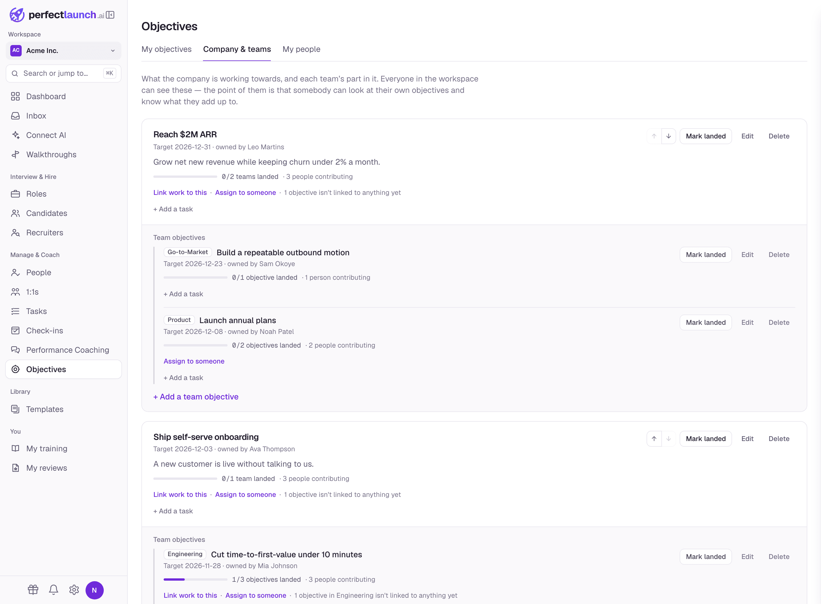 The objectives page in PerfectLaunch, showing company objectives with team objectives nested under them