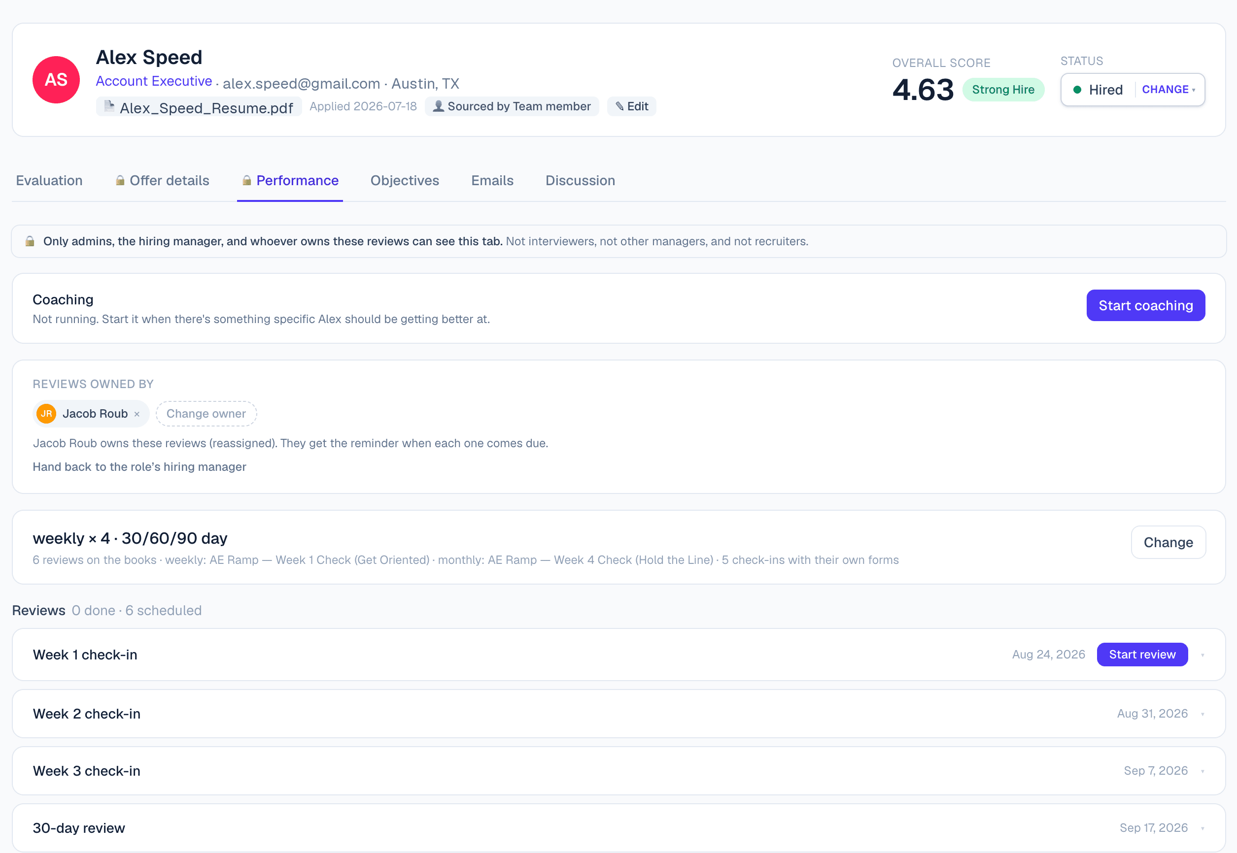 The post-hire performance and reviews tab in PerfectLaunch