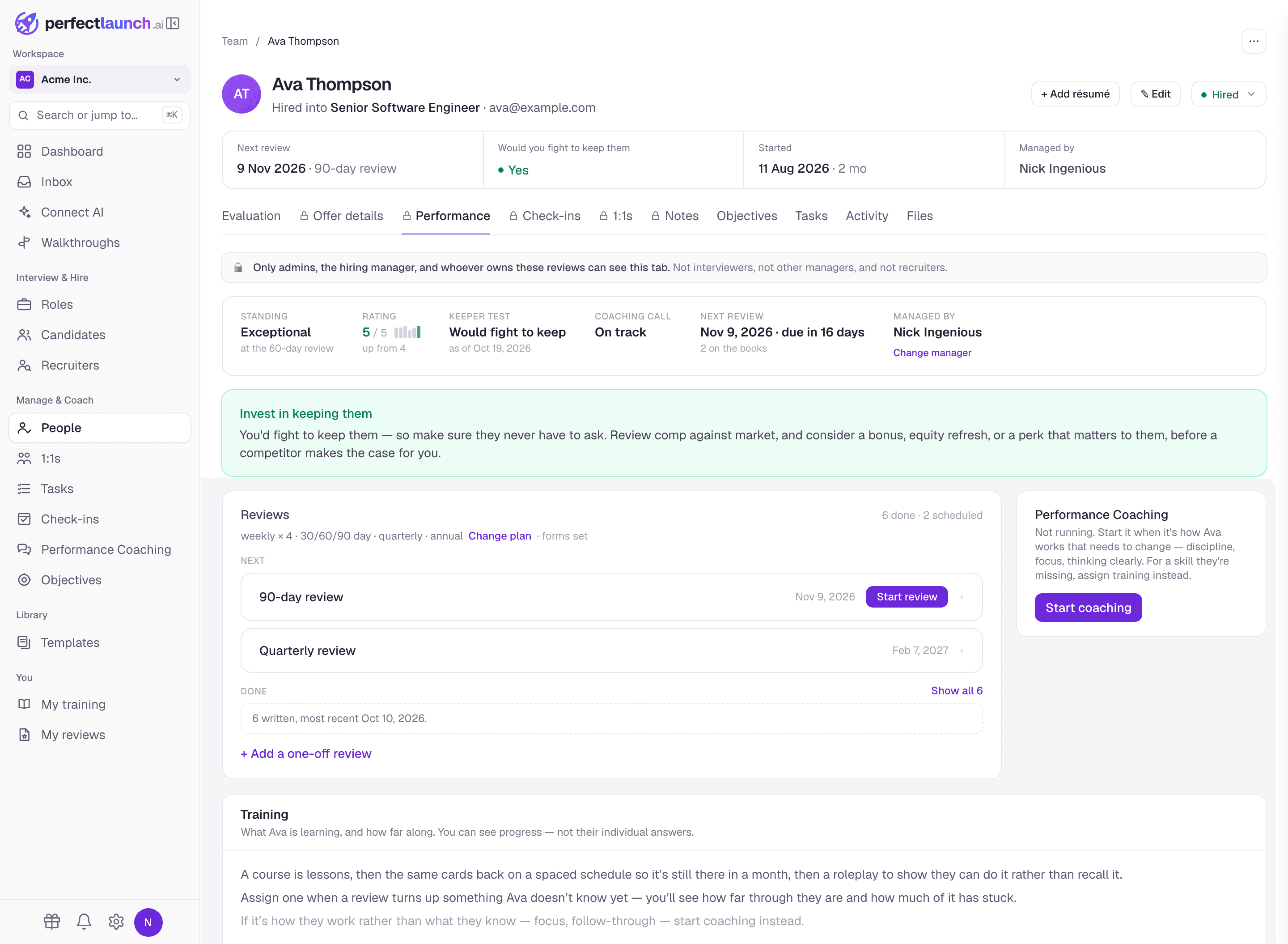 A hired employee's page in PerfectLaunch, with tabs for performance, check-ins, 1:1s, objectives and their training progress