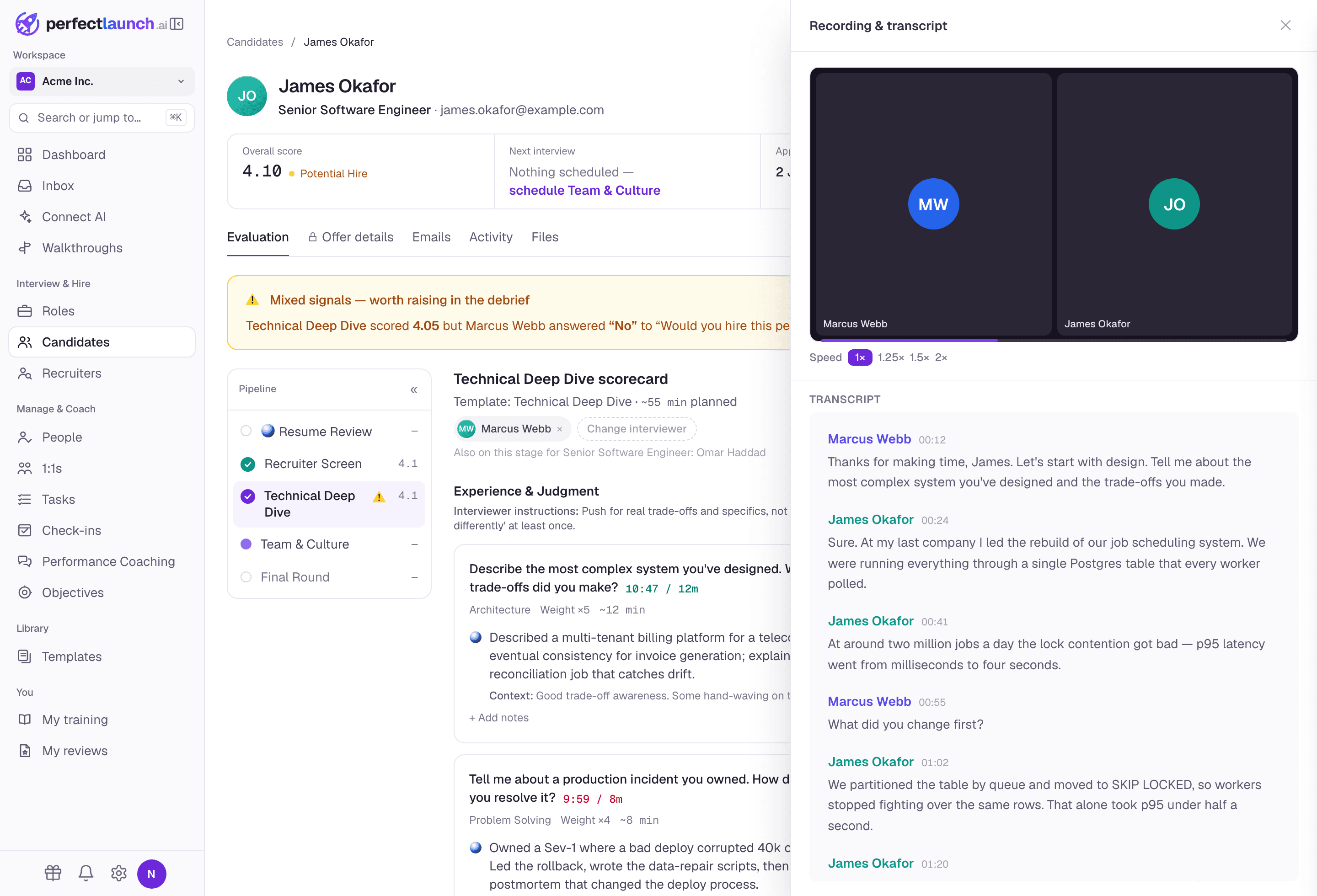 The call recording and synced transcript view in PerfectLaunch