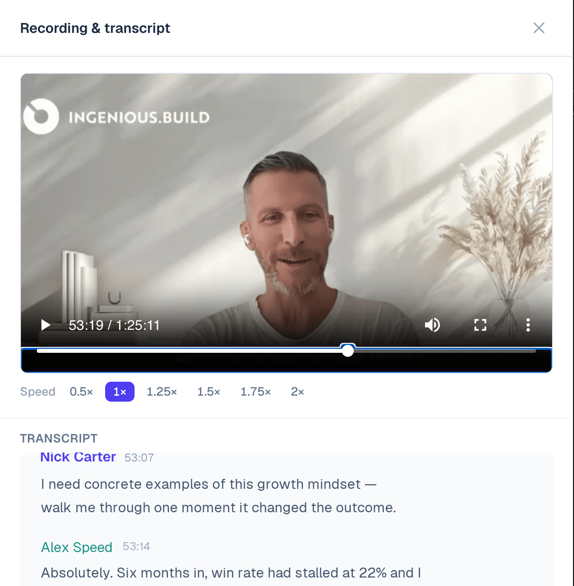 The call recording and synced transcript view in PerfectLaunch