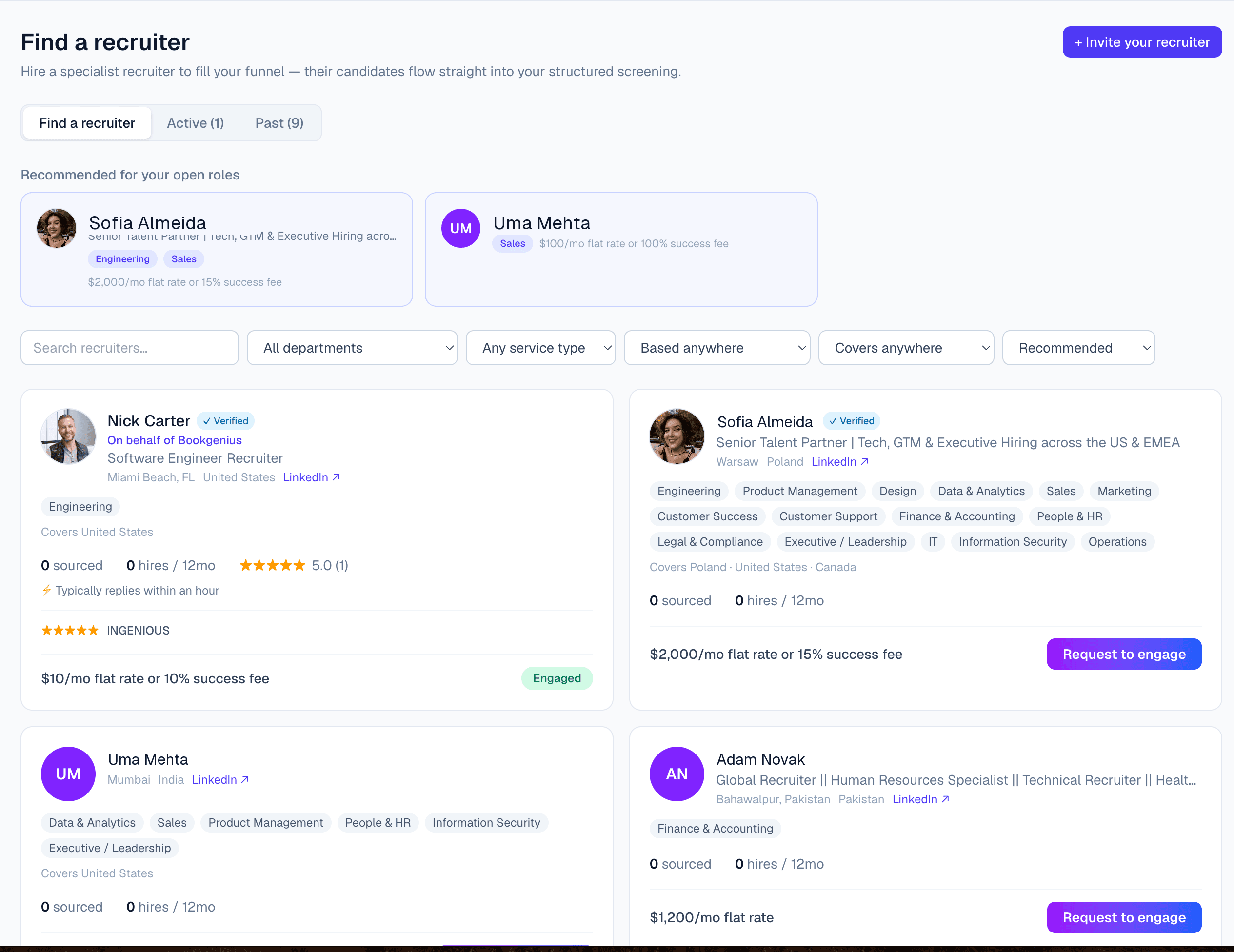 The PerfectLaunch recruiter marketplace, where startups browse and filter specialist recruiters