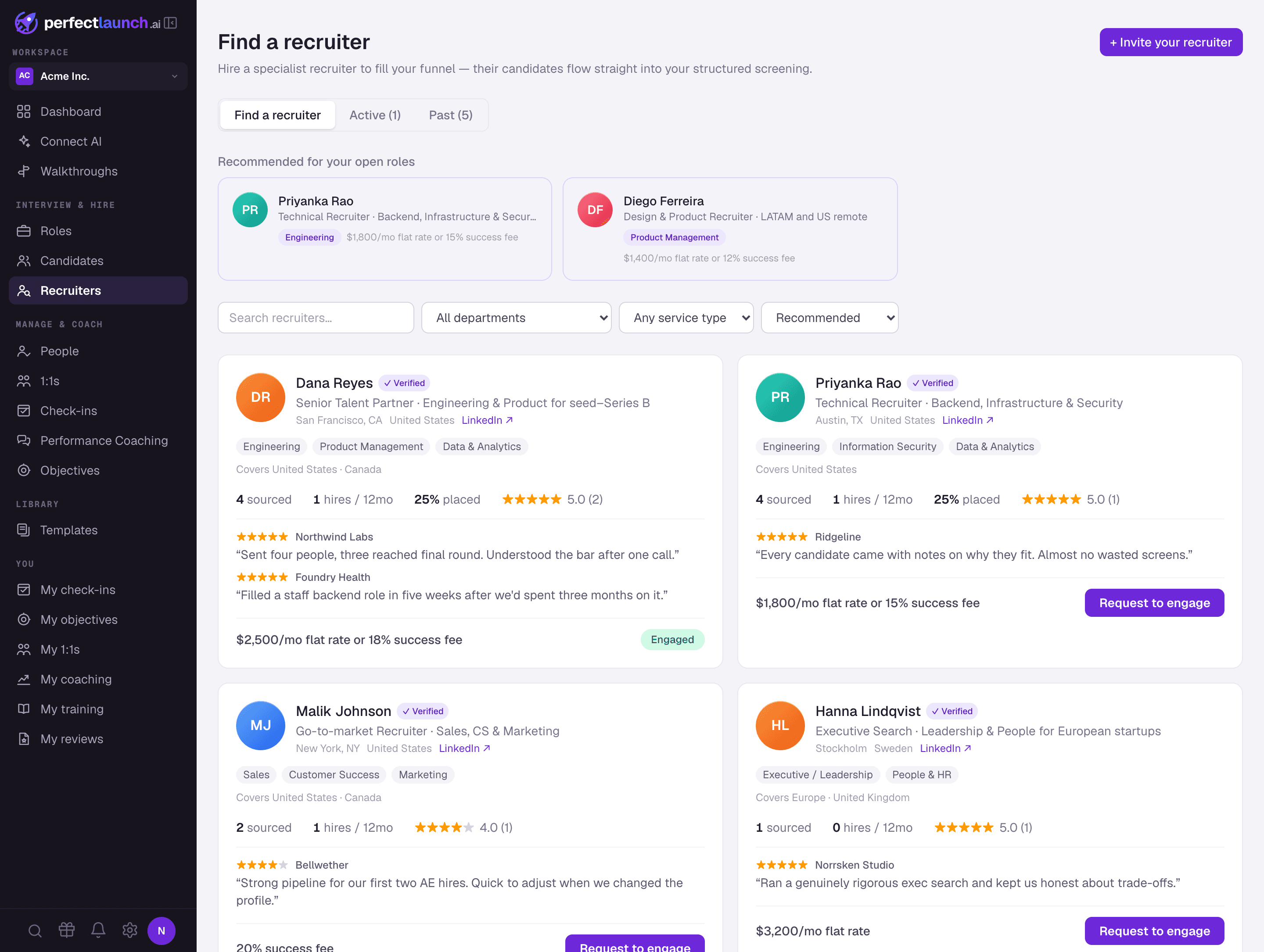 The PerfectLaunch recruiter marketplace, where startups browse and filter specialist recruiters by function, region and pricing