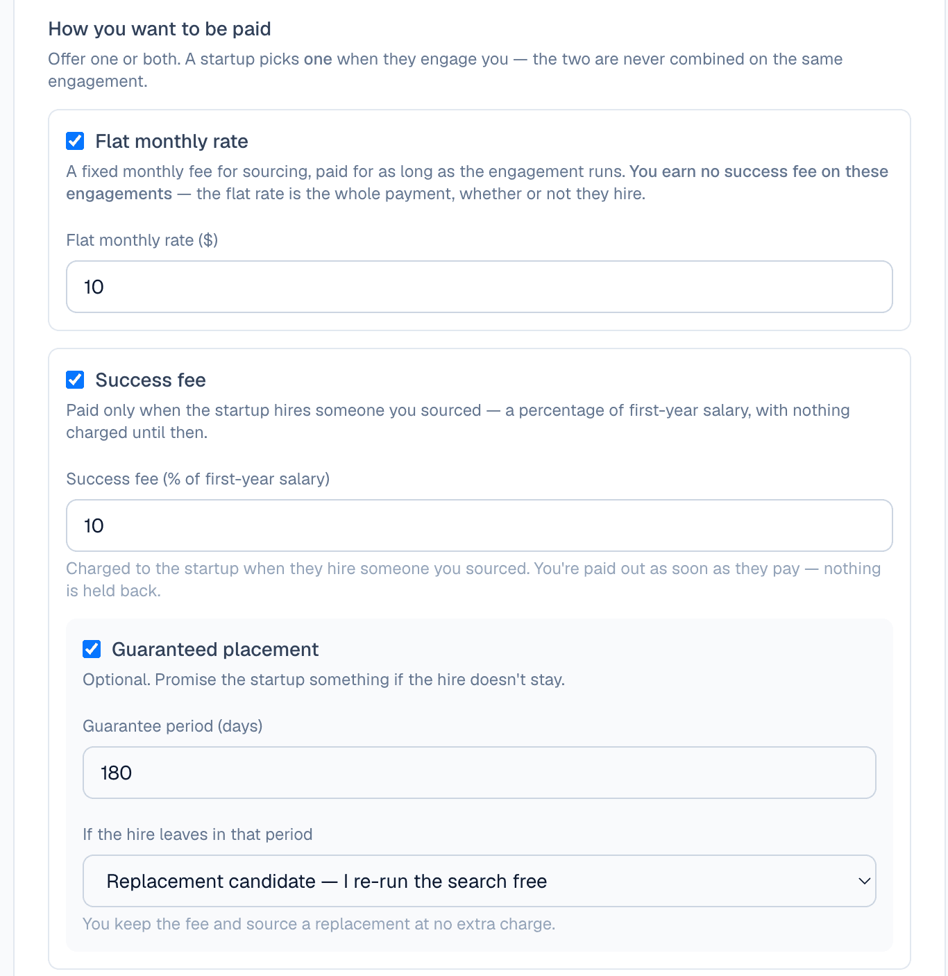 Setting your pricing in PerfectLaunch: flat monthly rate, success fee, and an optional placement guarantee