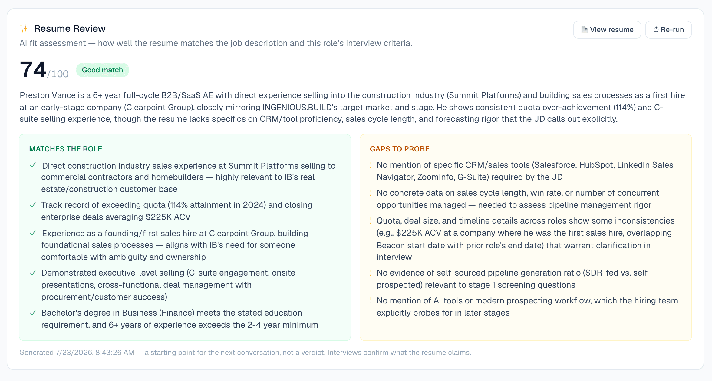 PerfectLaunch's AI resume-fit assessment scoring a candidate against the role, with matches and gaps