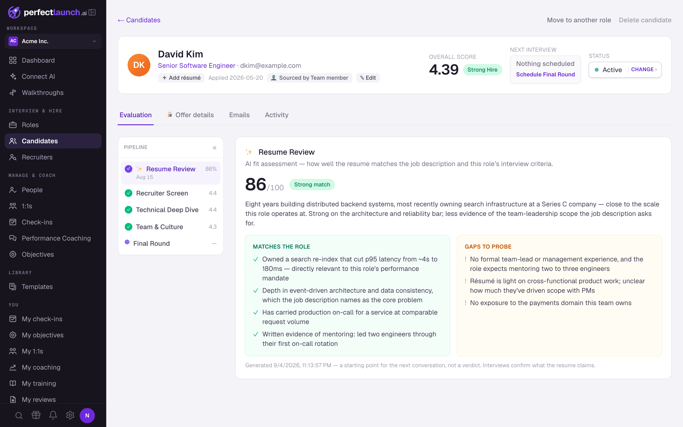 PerfectLaunch's AI resume-fit assessment scoring a candidate against the role, with matches and gaps