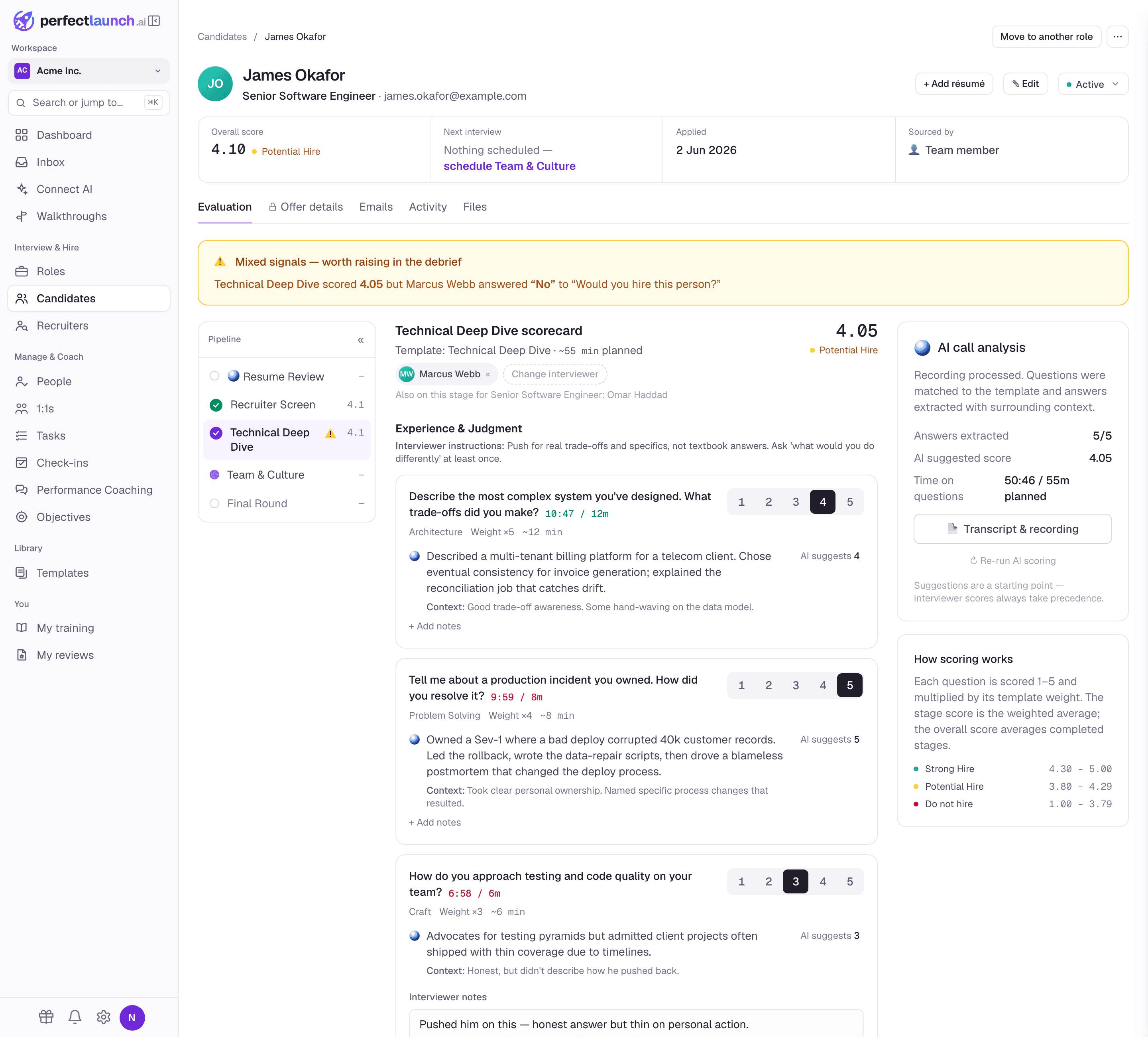 A candidate scorecard in PerfectLaunch with per-question scores and AI call analysis