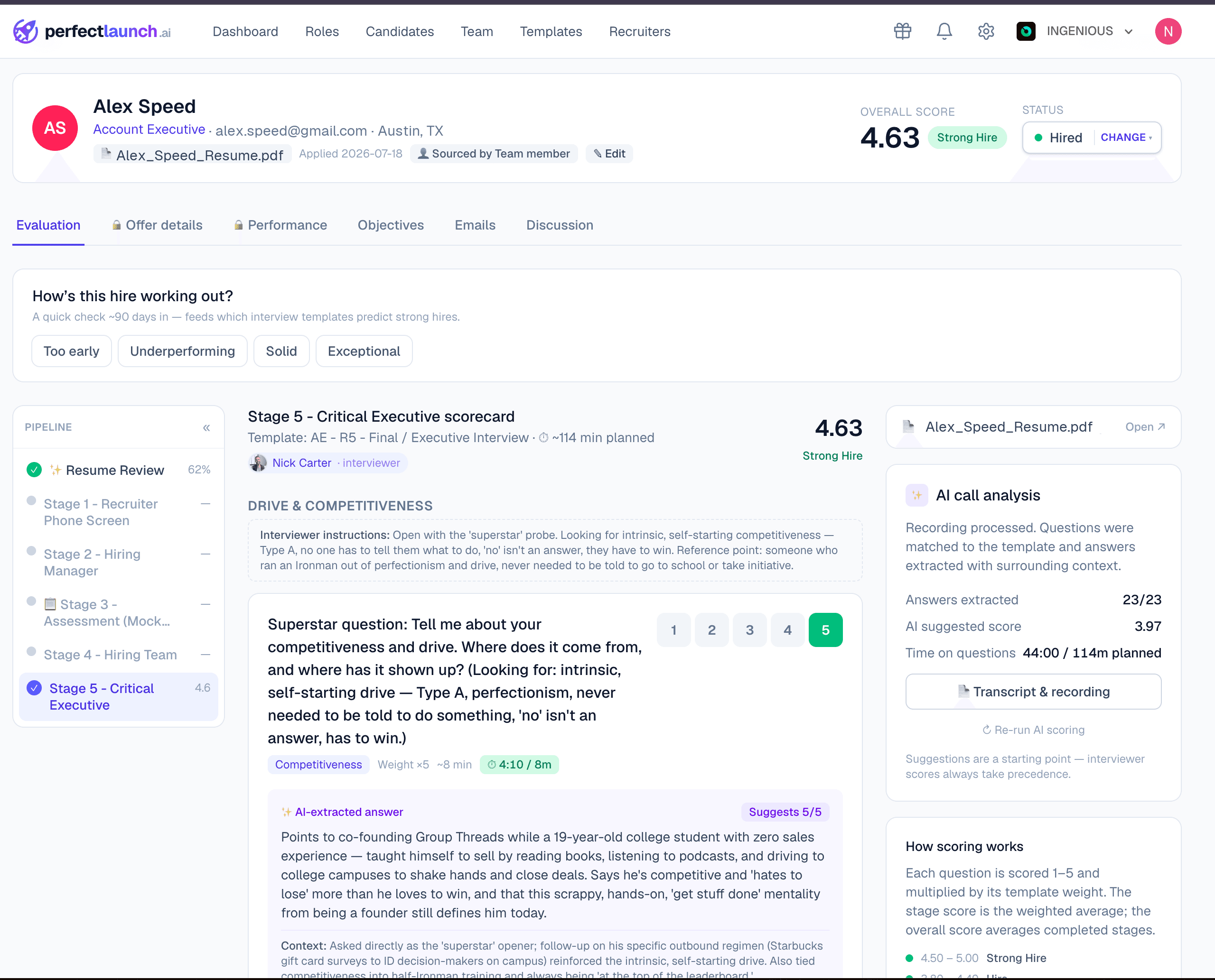 A candidate scorecard in PerfectLaunch with per-question scores and AI call analysis