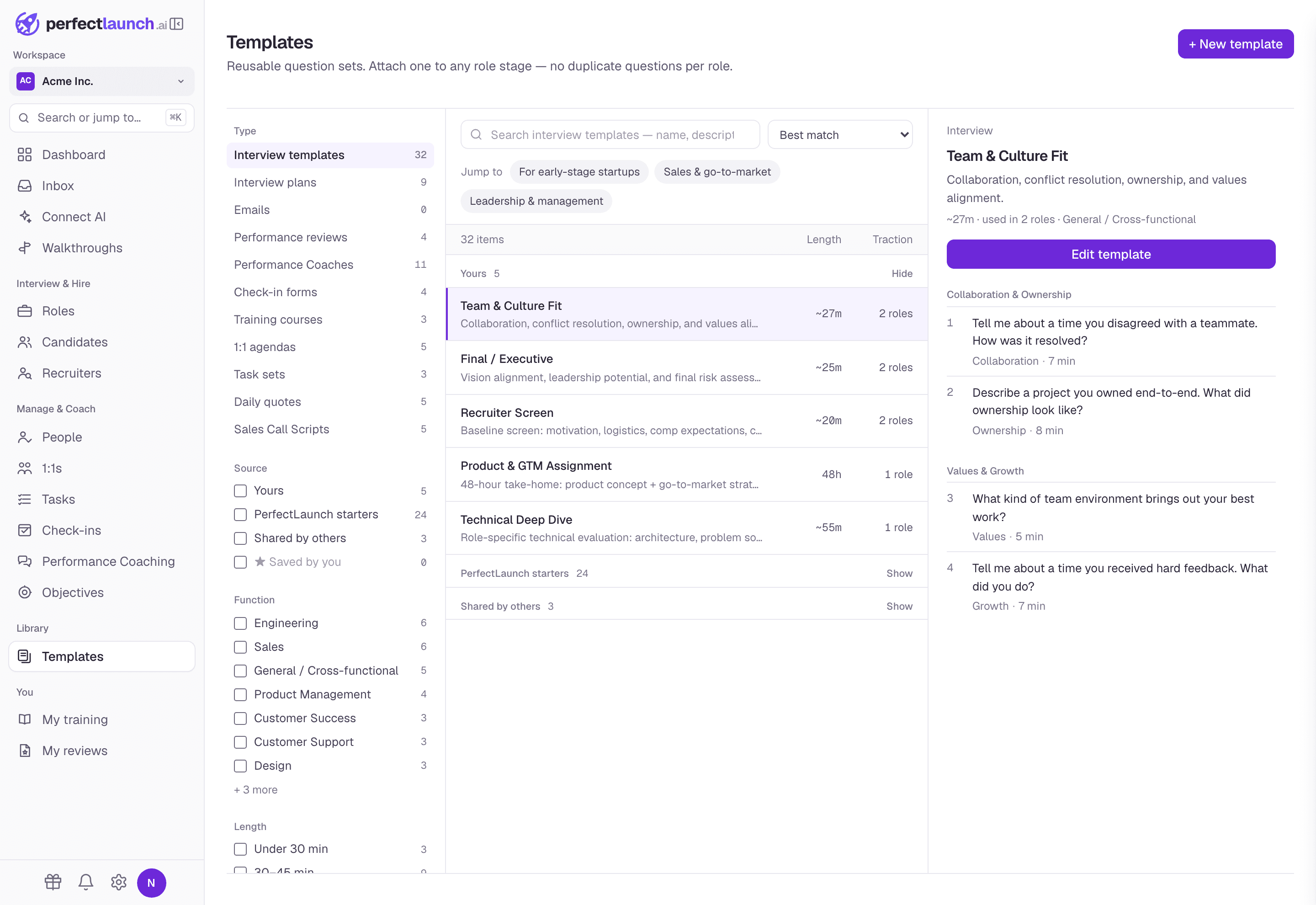 The templates library in PerfectLaunch, with interview templates, plans and starter playbooks by role