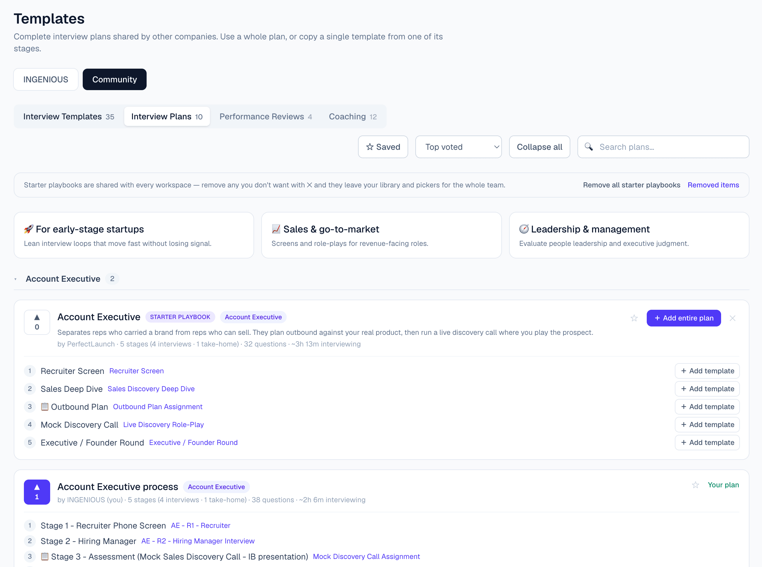 The community interview-plan library in PerfectLaunch, with starter playbooks by role