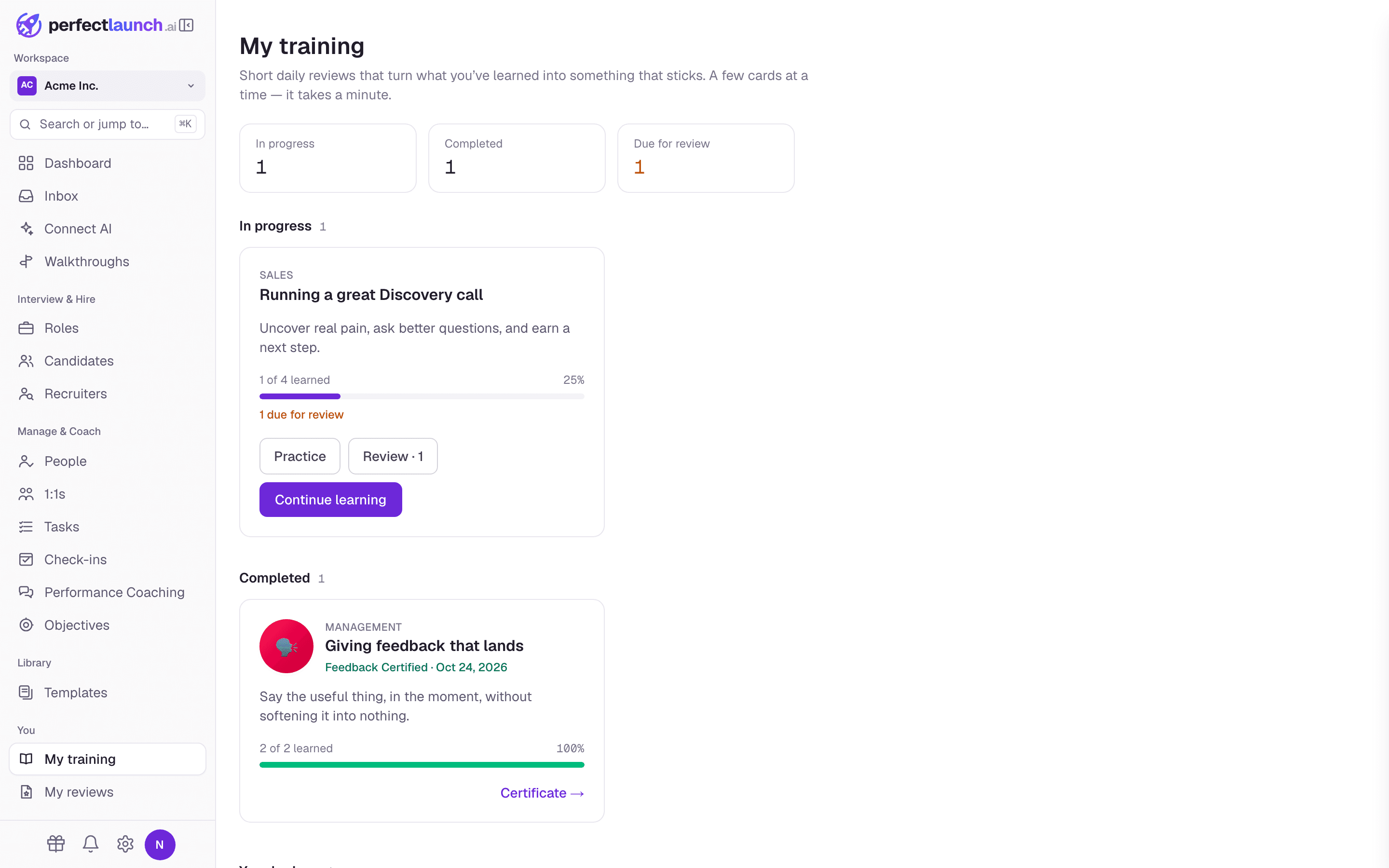 A learner's training page in PerfectLaunch, with course progress, a review queue and an earned certificate